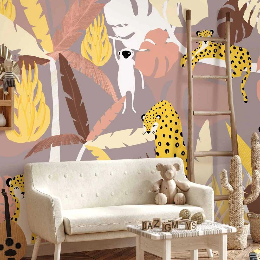 Artgeist Fototapetas - Cheetahs in the jungle - landscape with exotic animals with palm trees for children