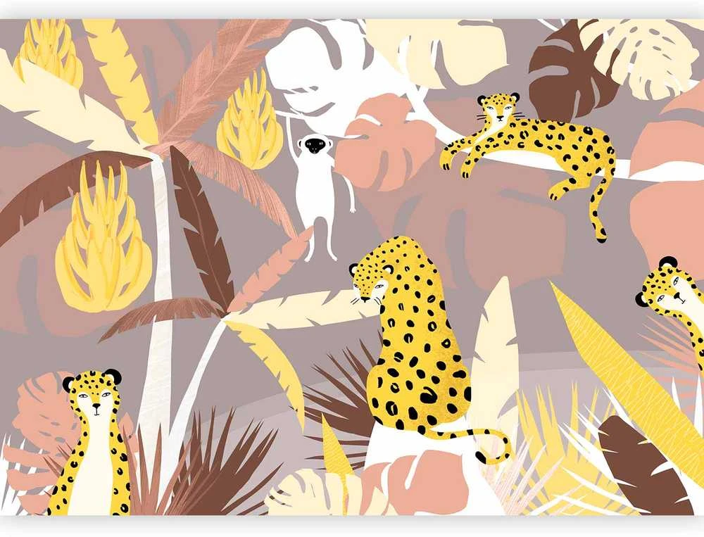 Artgeist Fototapetas - Cheetahs in the jungle - landscape with exotic animals with palm trees for children