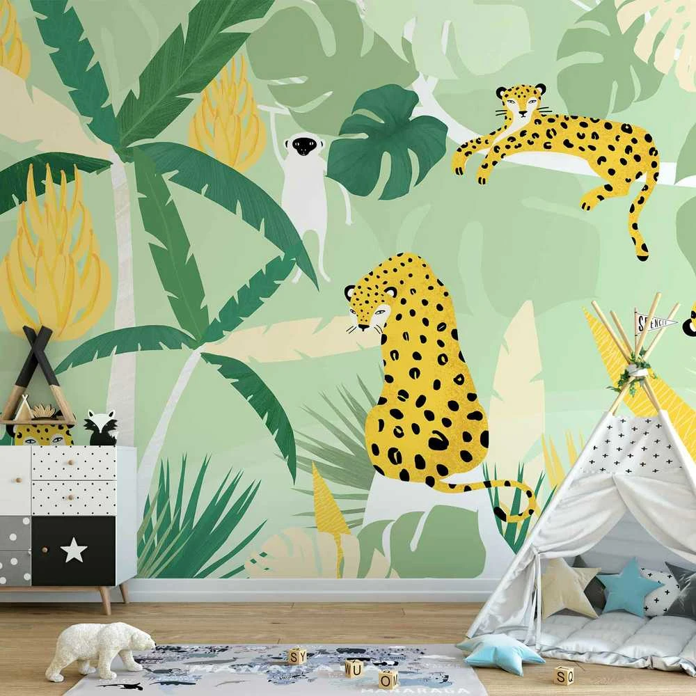 Artgeist Fototapetas - Cheetahs in the jungle - landscape with animals in the tropics for children