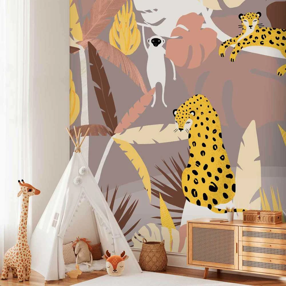 Artgeist Fototapetas - Cheetahs in the jungle - landscape with exotic animals with palm trees for children