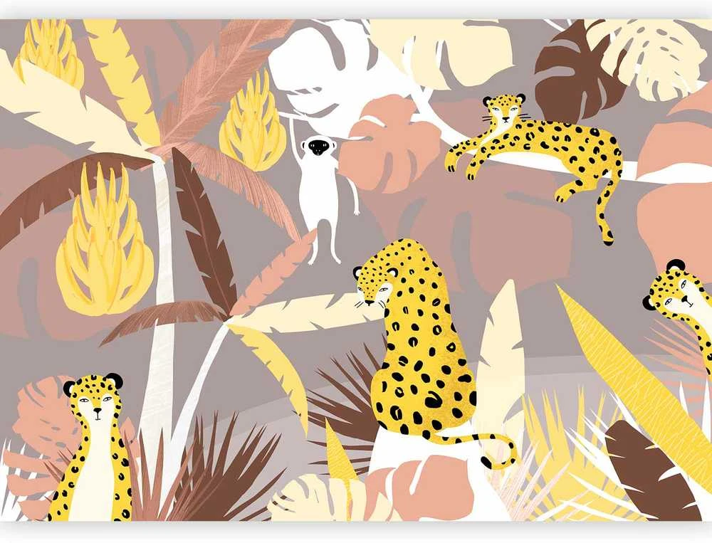 Artgeist Fototapetas - Cheetahs in the jungle - landscape with exotic animals with palm trees for children