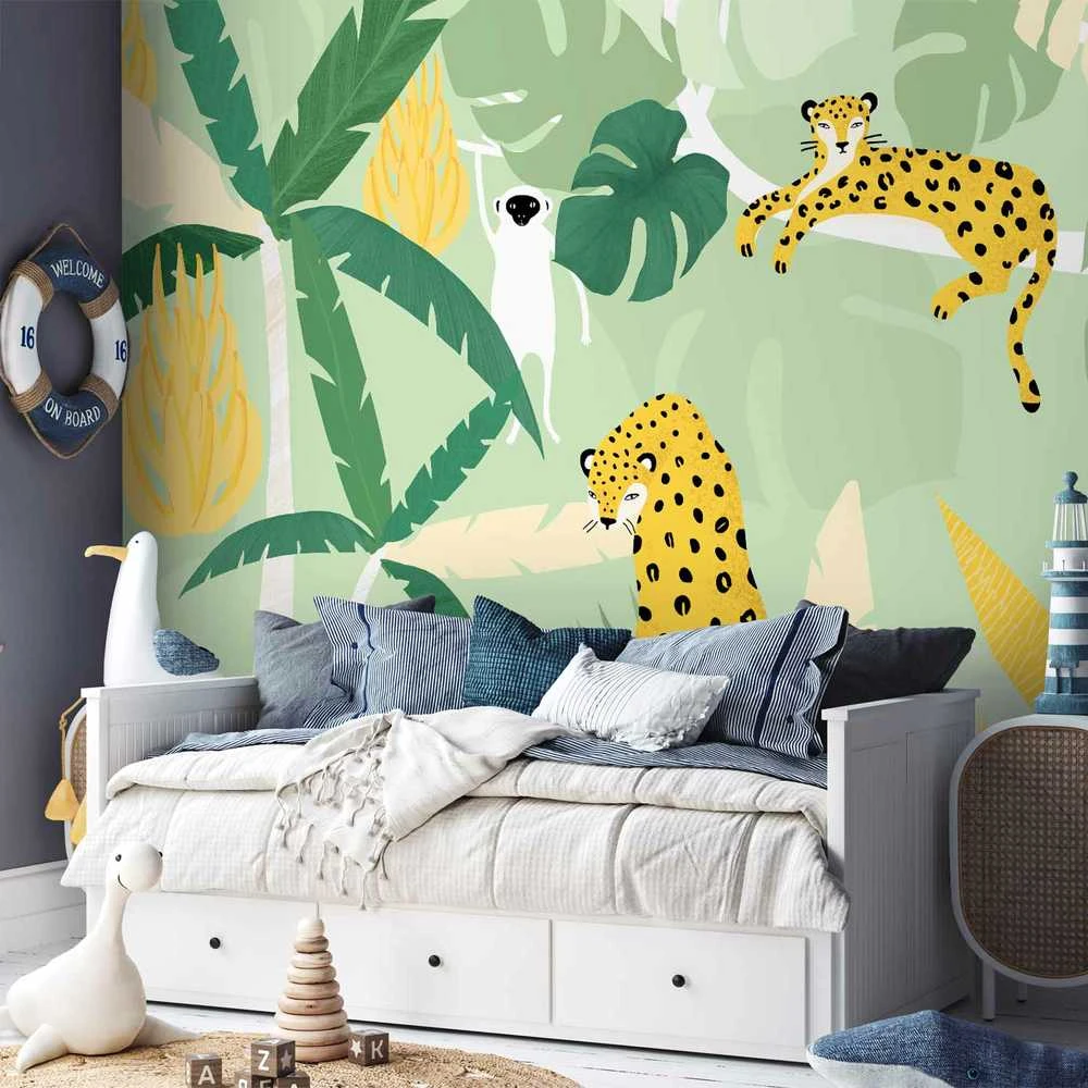 Artgeist Fototapetas - Cheetahs in the jungle - landscape with animals in the tropics for children