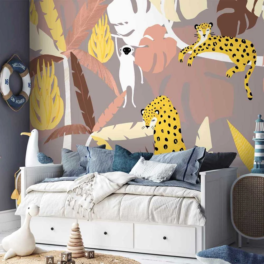 Artgeist Fototapetas - Cheetahs in the jungle - landscape with exotic animals with palm trees for children