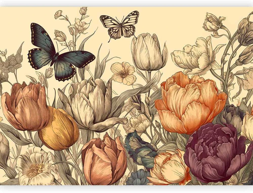 Artgeist Fototapetas - Colourful tulips on a cream background