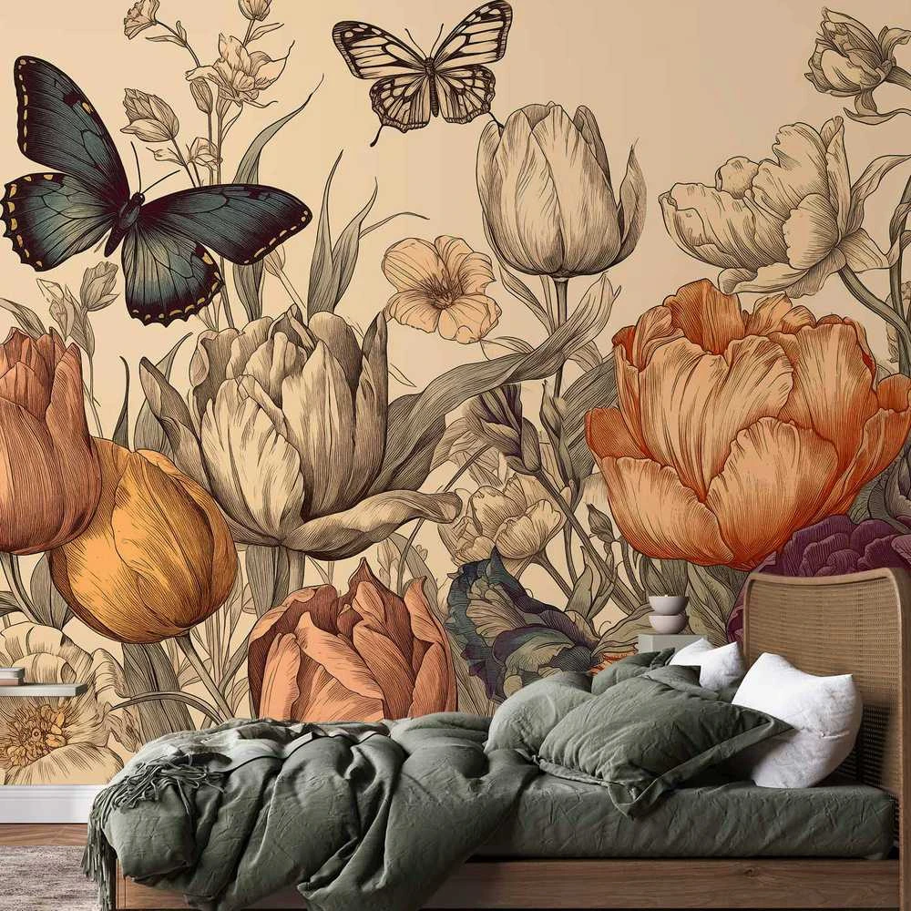 Artgeist Fototapetas - Colourful tulips on a cream background