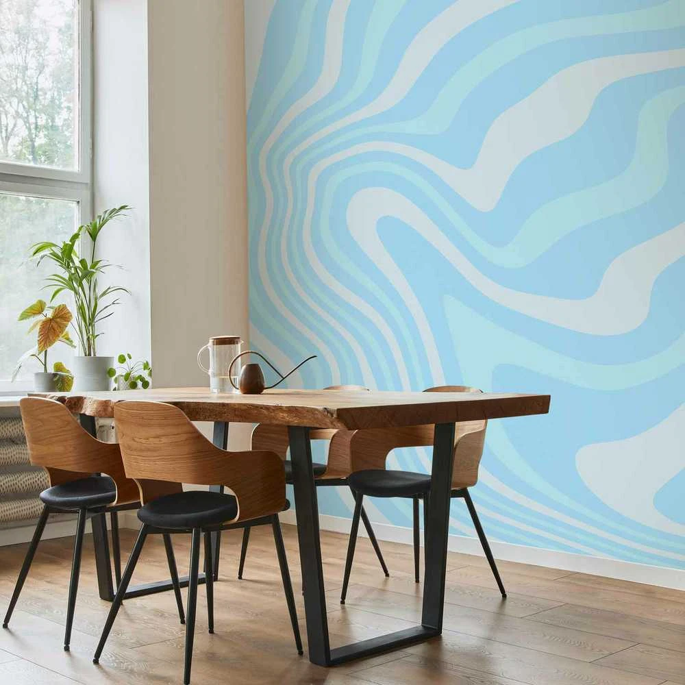 Artgeist Fototapetas - Composition in Blues and Whites - Harmonious Abstract Waves in a Cool Color Tone