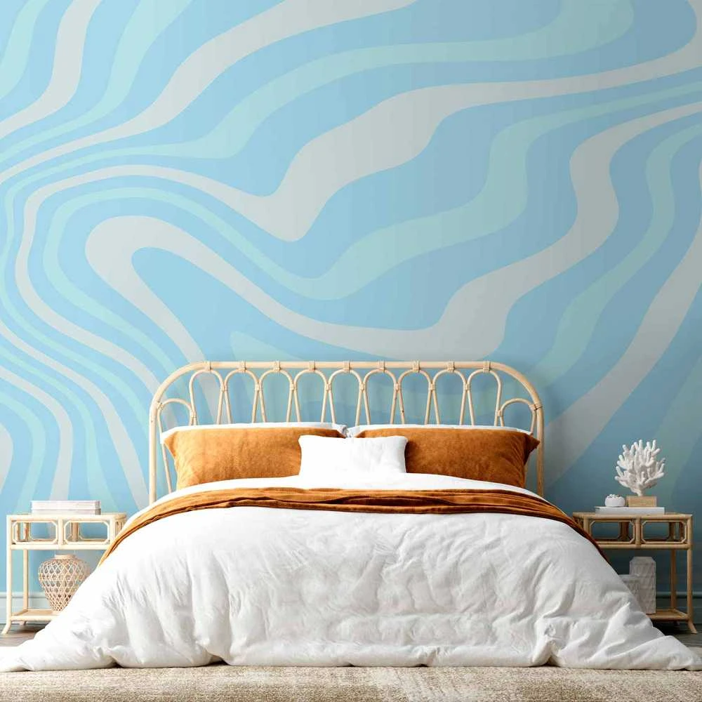Artgeist Fototapetas - Composition in Blues and Whites - Harmonious Abstract Waves in a Cool Color Tone