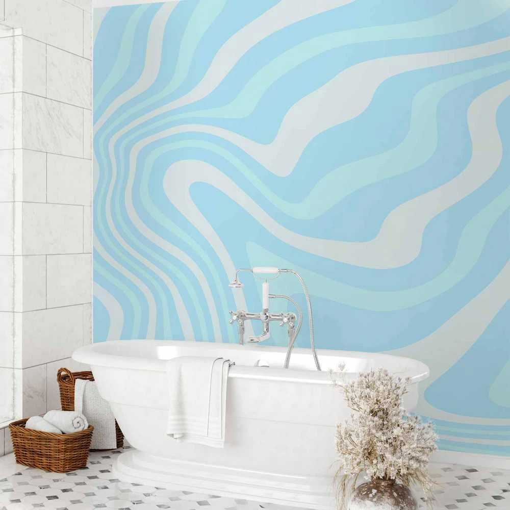 Artgeist Fototapetas - Composition in Blues and Whites - Harmonious Abstract Waves in a Cool Color Tone