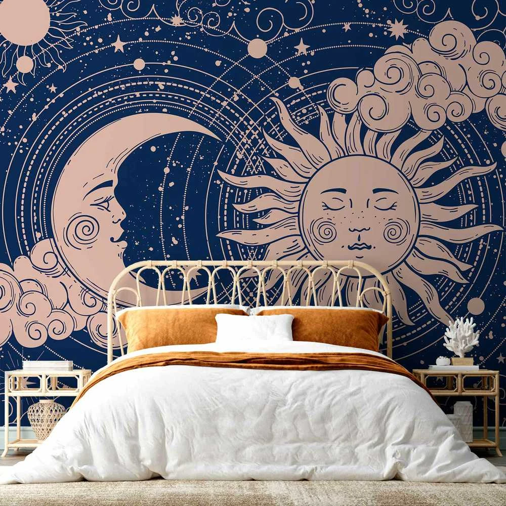 Artgeist Fototapetas - Cosmic Harmony - Illustration of the Sun and Moon on a Navy Background