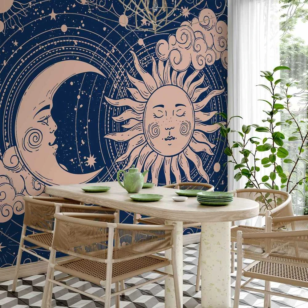 Artgeist Fototapetas - Cosmic Harmony - Illustration of the Sun and Moon on a Navy Background