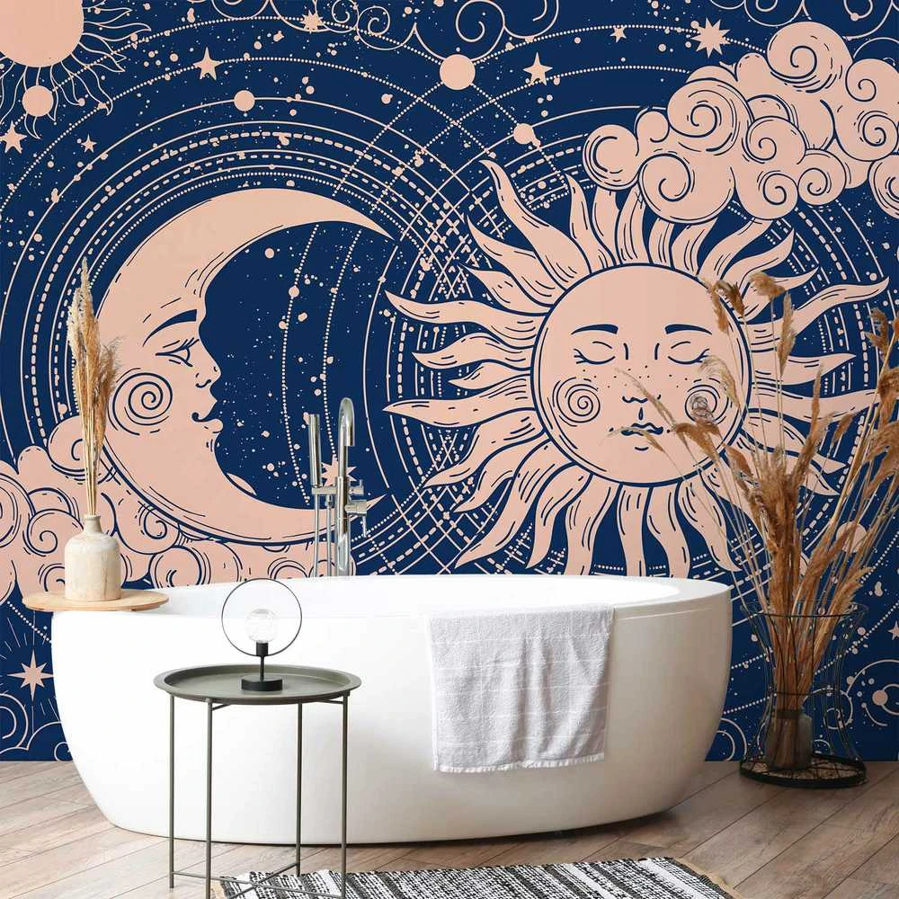 Artgeist Fototapetas - Cosmic Harmony - Illustration of the Sun and Moon on a Navy Background