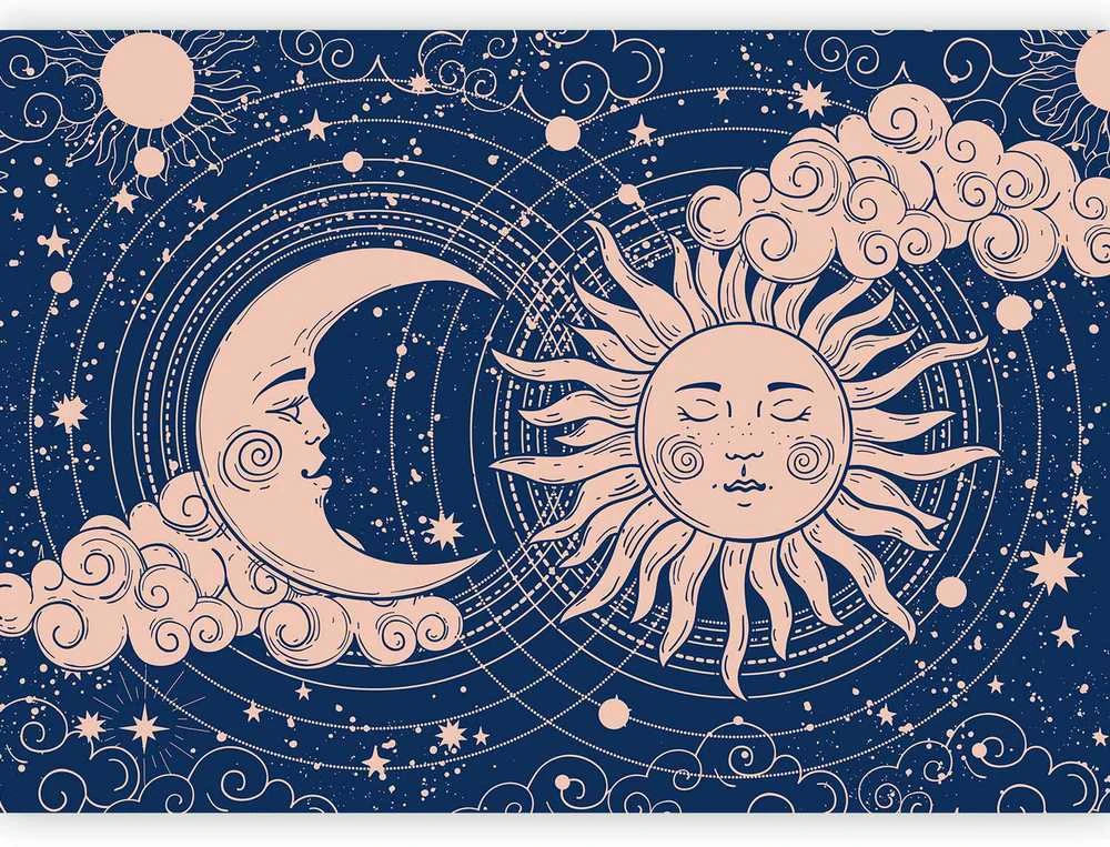 Artgeist Fototapetas - Cosmic Harmony - Illustration of the Sun and Moon on a Navy Background