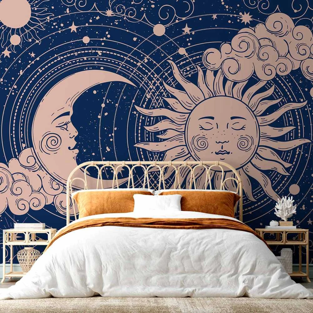 Artgeist Fototapetas - Cosmic Harmony - Illustration of the Sun and Moon on a Navy Background