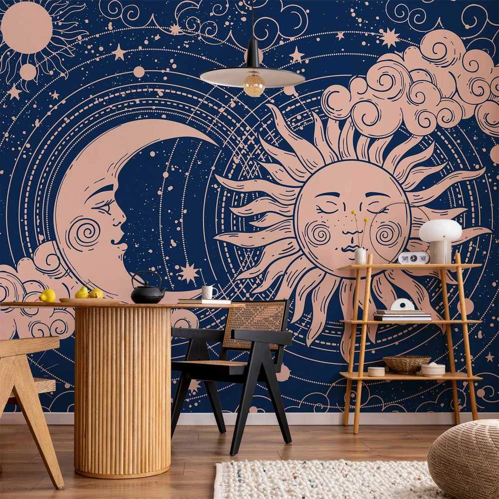Artgeist Fototapetas - Cosmic Harmony - Illustration of the Sun and Moon on a Navy Background