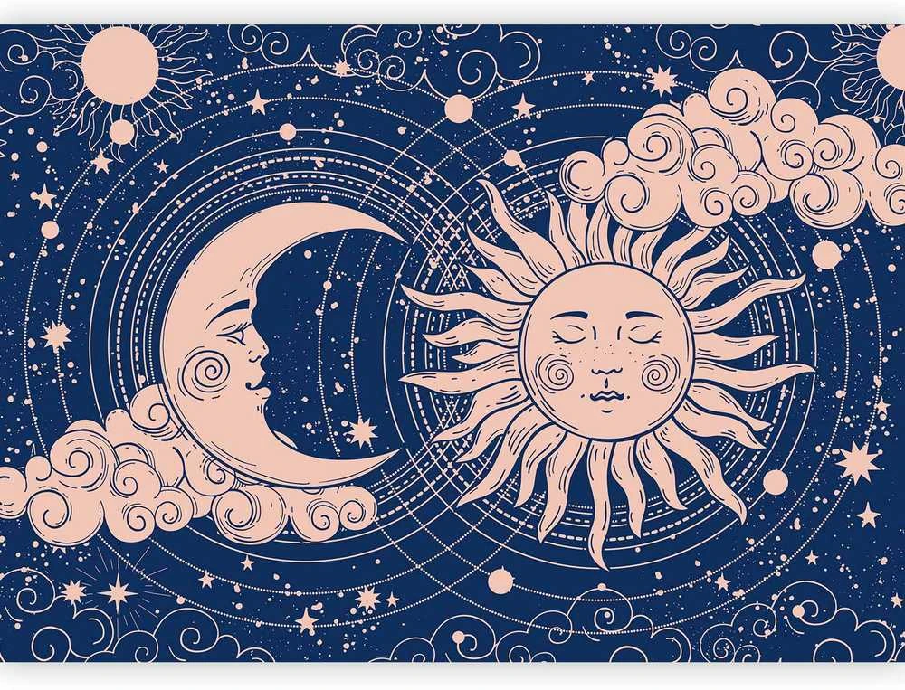 Artgeist Fototapetas - Cosmic Harmony - Illustration of the Sun and Moon on a Navy Background