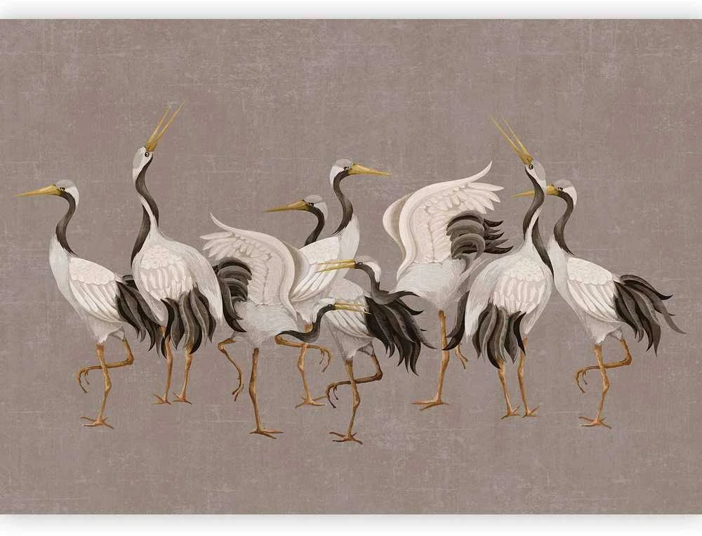 Artgeist Fototapetas - Crane dance – bright silhouettes of birds against a warm pilkas background with texture