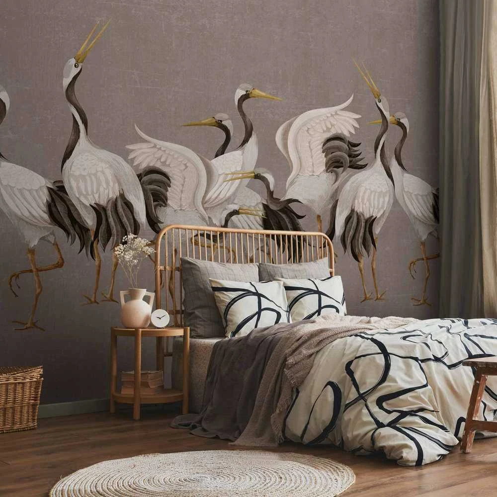 Artgeist Fototapetas - Crane dance – bright silhouettes of birds against a warm pilkas background with texture