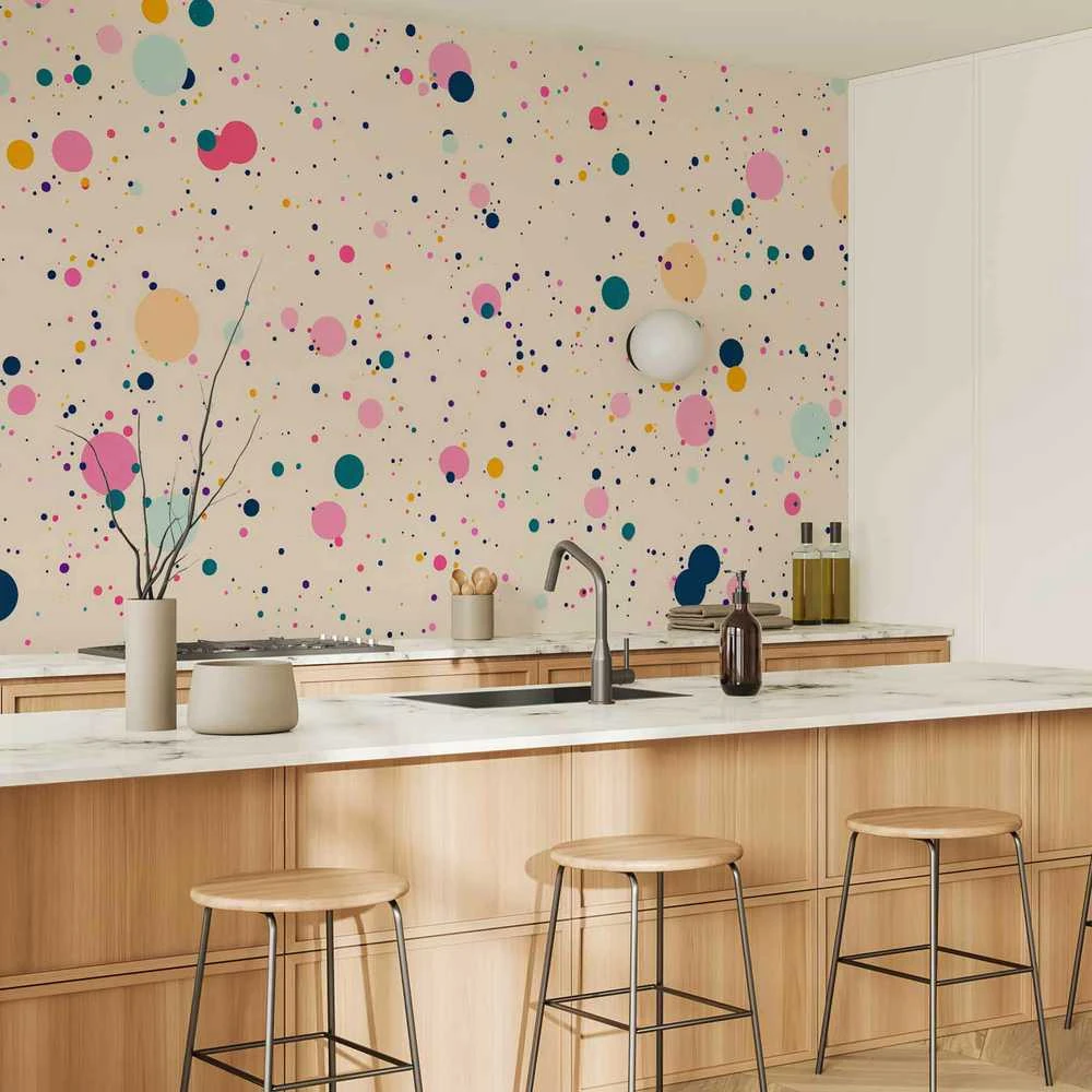 Artgeist Fototapetas - Dots Speckles and Splatters Multicolored Cheerful Pattern on a Light Rožinė Background