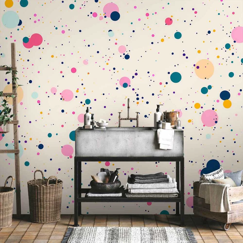 Artgeist Fototapetas - Dots Speckles and Splatters Multicolored Cheerful Pattern on a Light Rožinė Background