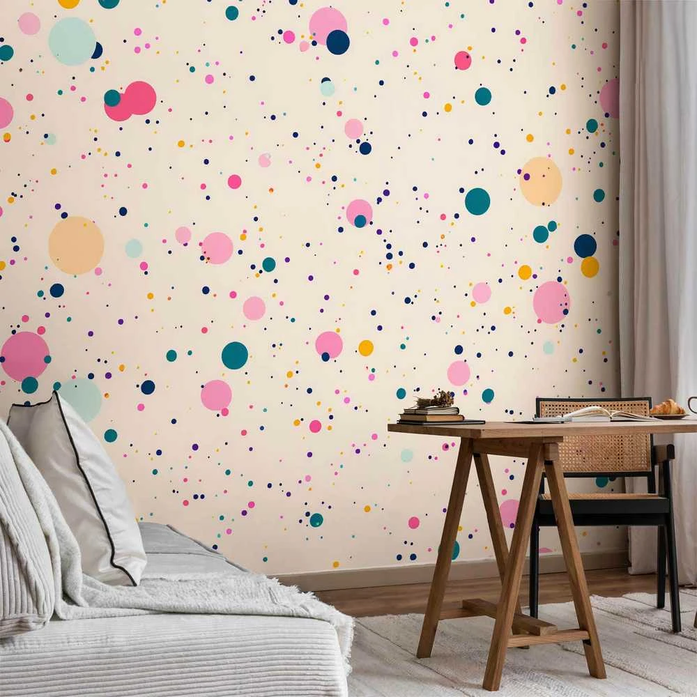 Artgeist Fototapetas - Dots Speckles and Splatters Multicolored Cheerful Pattern on a Light Rožinė Background