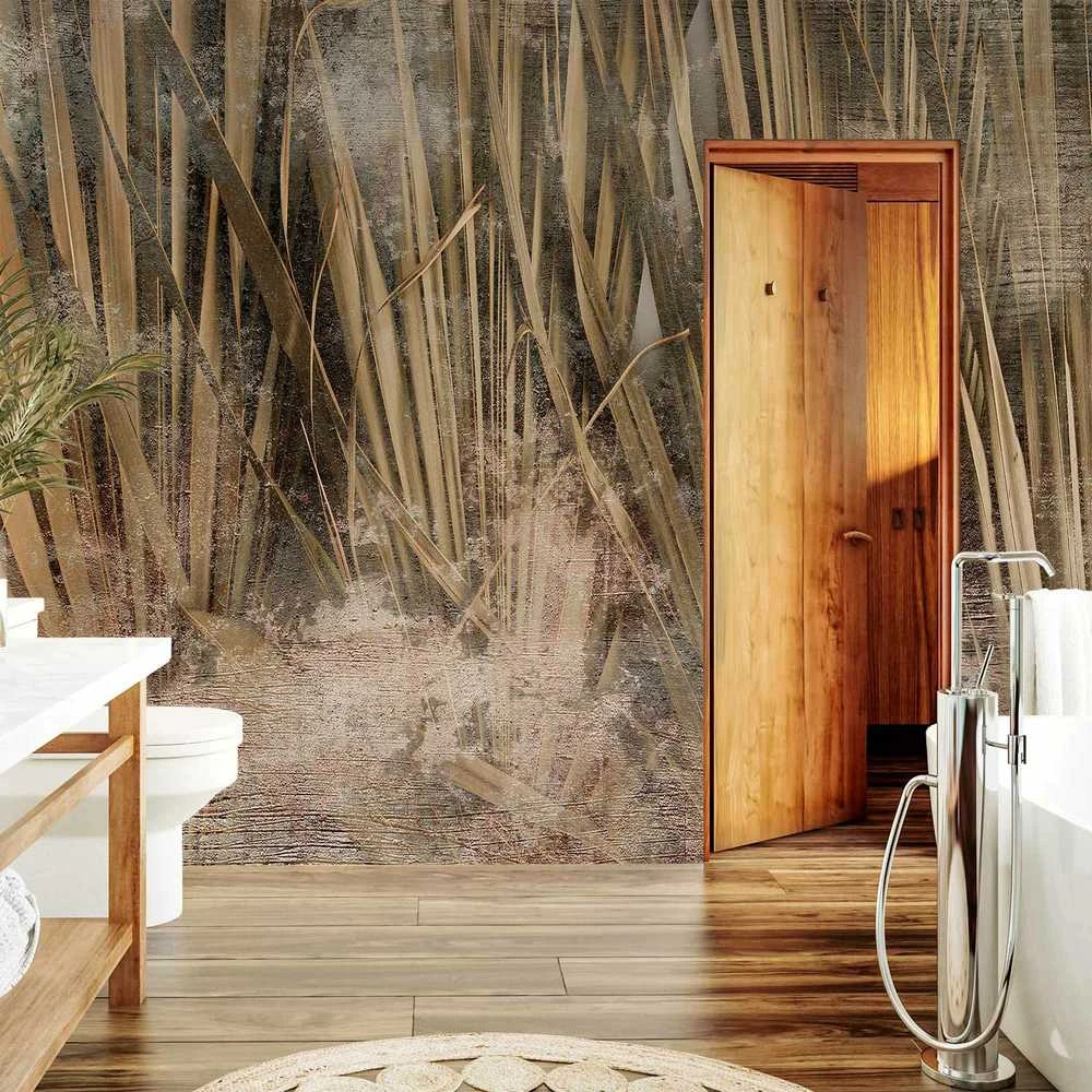 Artgeist Fototapetas - Dry leaves - landscape of tall grasses in boho style with paint patterns
