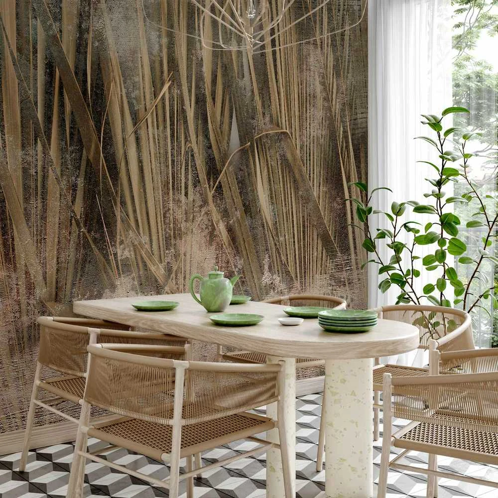 Artgeist Fototapetas - Dry leaves - landscape of tall grasses in boho style with paint patterns