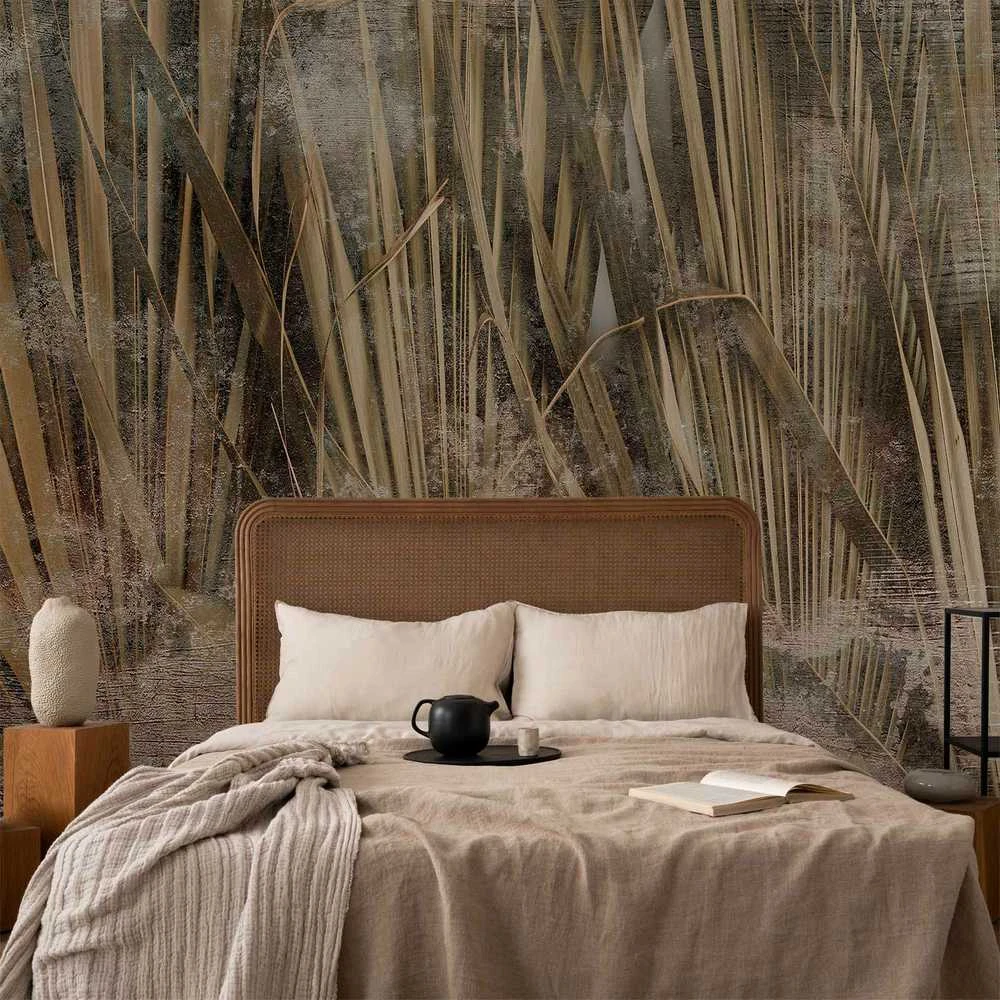Artgeist Fototapetas - Dry leaves - landscape of tall grasses in boho style with paint patterns