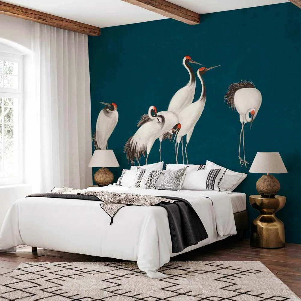 Artgeist Fototapetas - Evening by the pond - a group of cranes drawn in dry pastel on a dark turquoise background