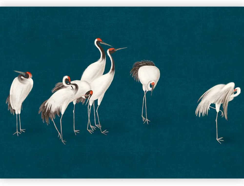 Artgeist Fototapetas - Evening by the pond - a group of cranes drawn in dry pastel on a dark turquoise background