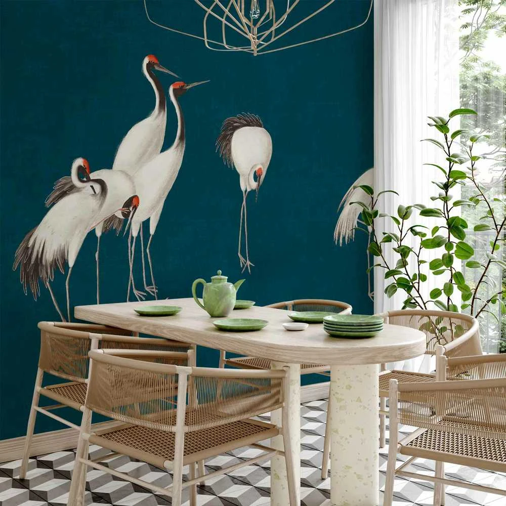 Artgeist Fototapetas - Evening by the pond - a group of cranes drawn in dry pastel on a dark turquoise background