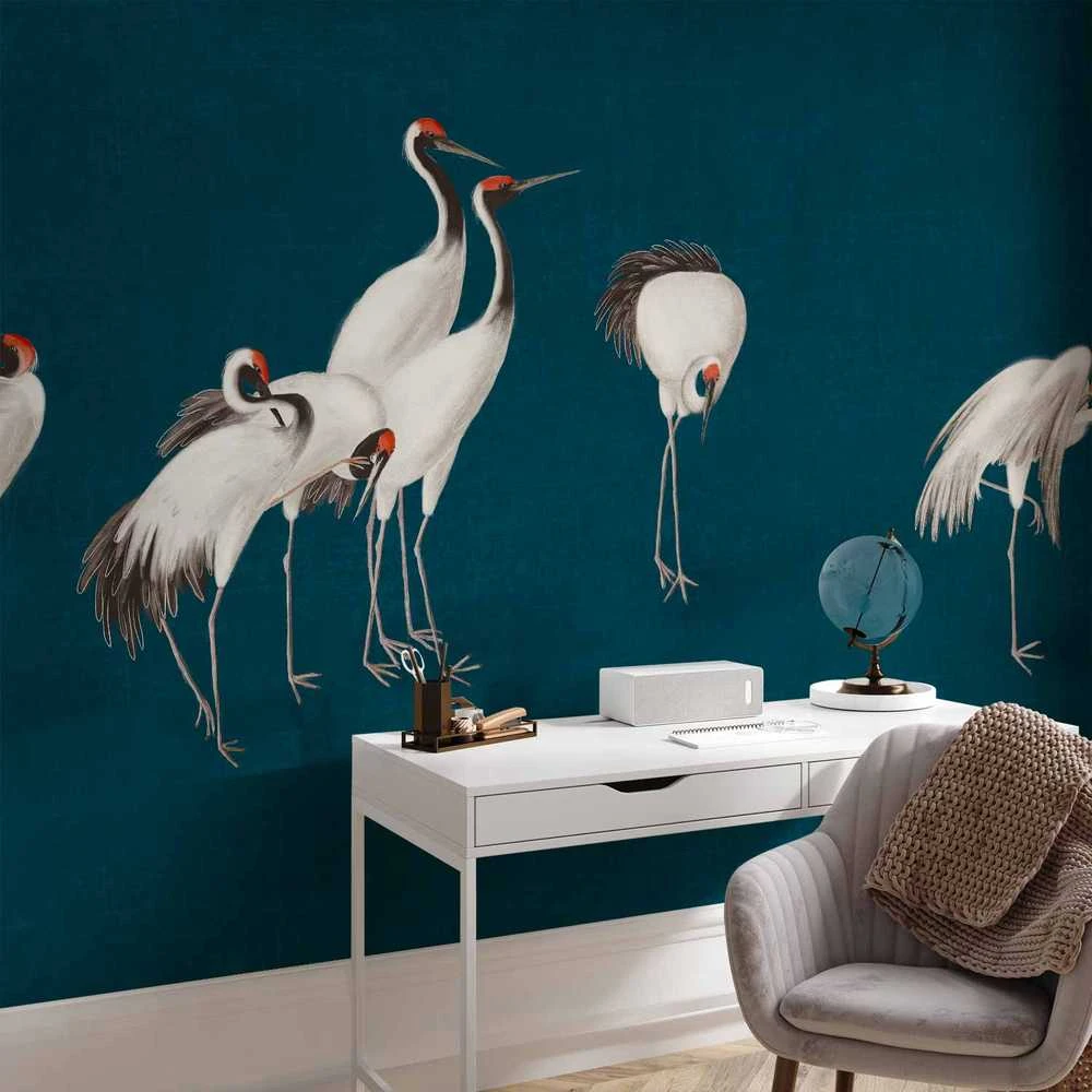 Artgeist Fototapetas - Evening by the pond - a group of cranes drawn in dry pastel on a dark turquoise background