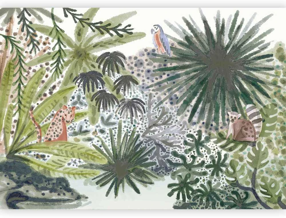 Artgeist Fototapetas - Flora of Madagascar - Tropical Landscape With Watercolour Animals