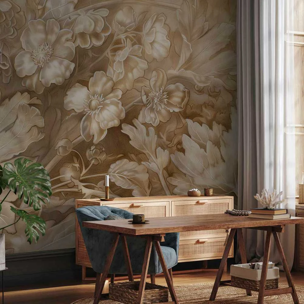 Artgeist Fototapetas - Floral Ornaments Carved in Delicate Sepia and Brown Shades