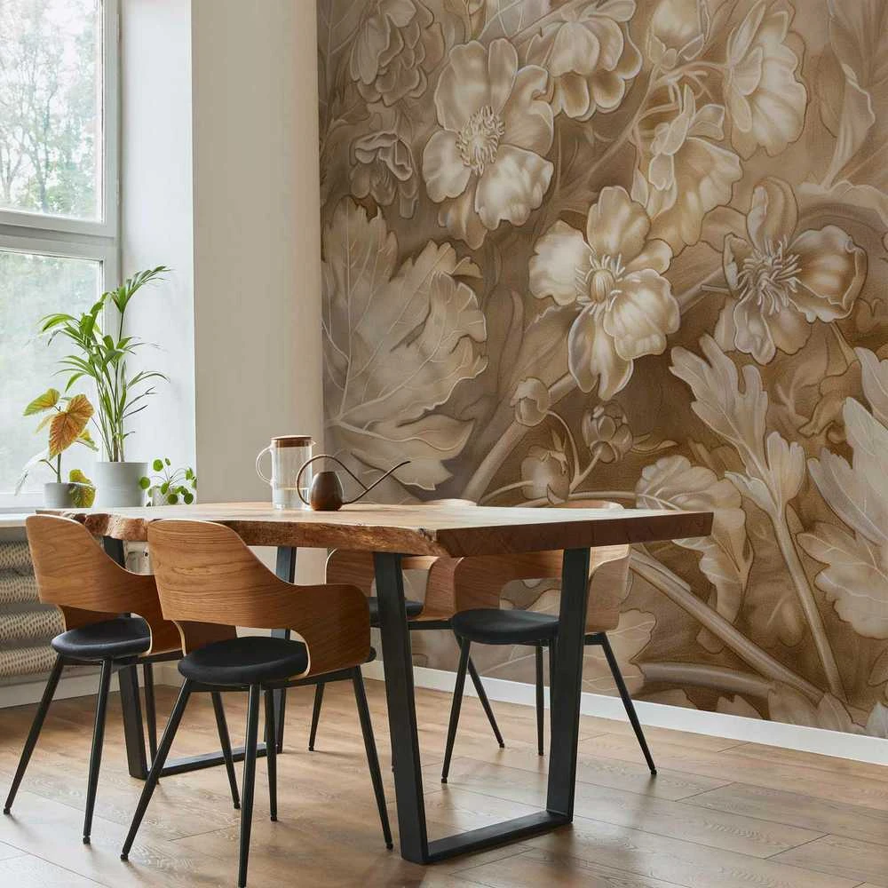 Artgeist Fototapetas - Floral Ornaments Carved in Delicate Sepia and Brown Shades