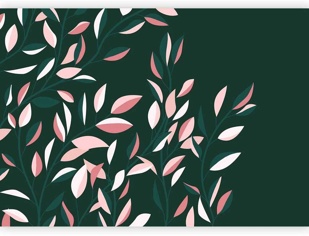 Artgeist Fototapetas - Flowering vine - minimalist climbing leaves on a žalias background