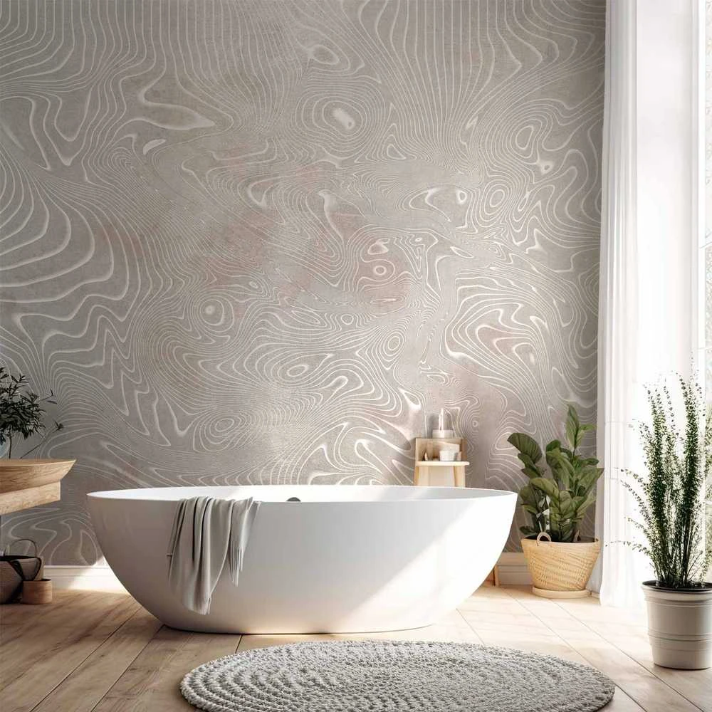 Artgeist Fototapetas - Flowing shapes - abstract beige and baltas background in patterned compositions