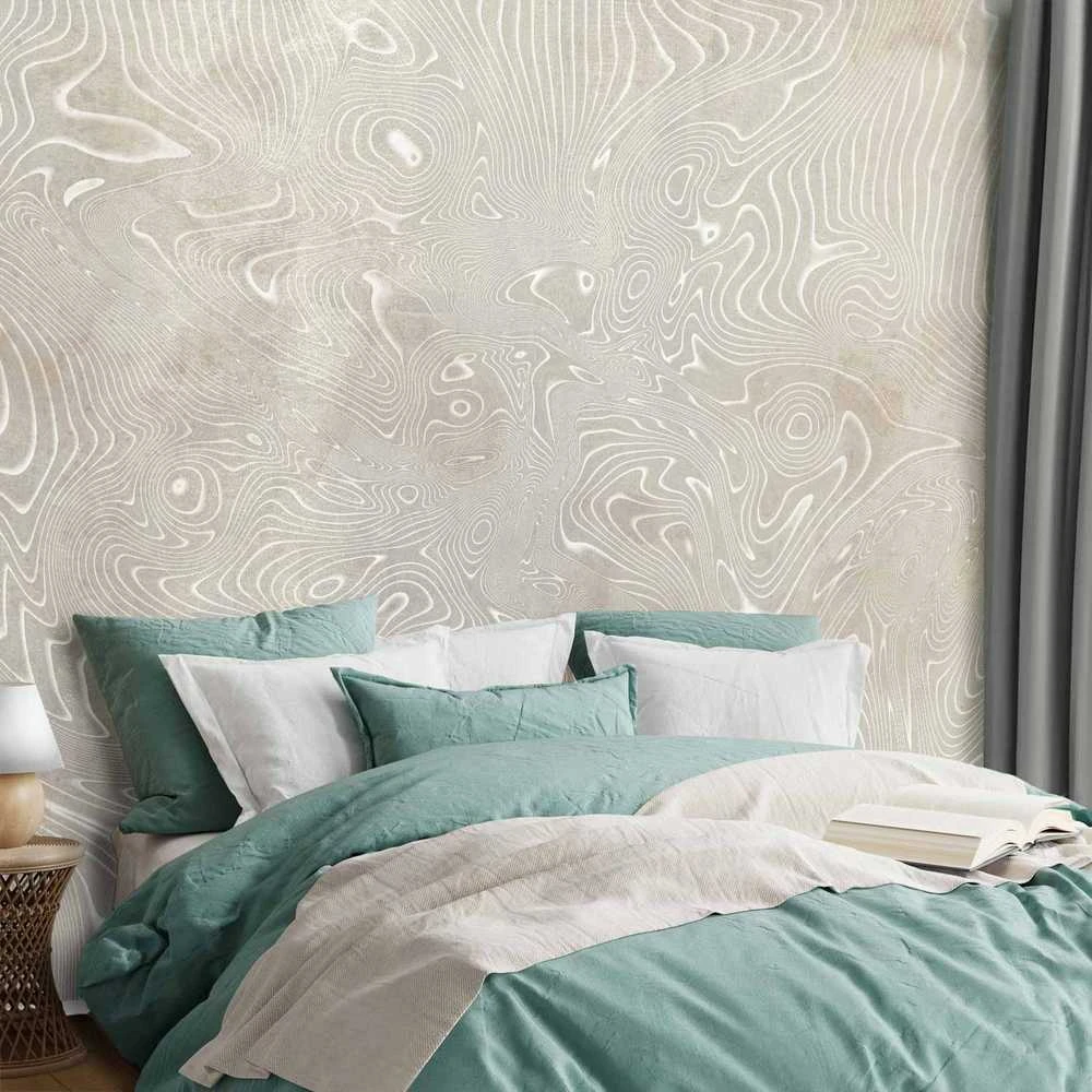 Artgeist Fototapetas - Flowing shapes - abstract beige and baltas background in patterned compositions