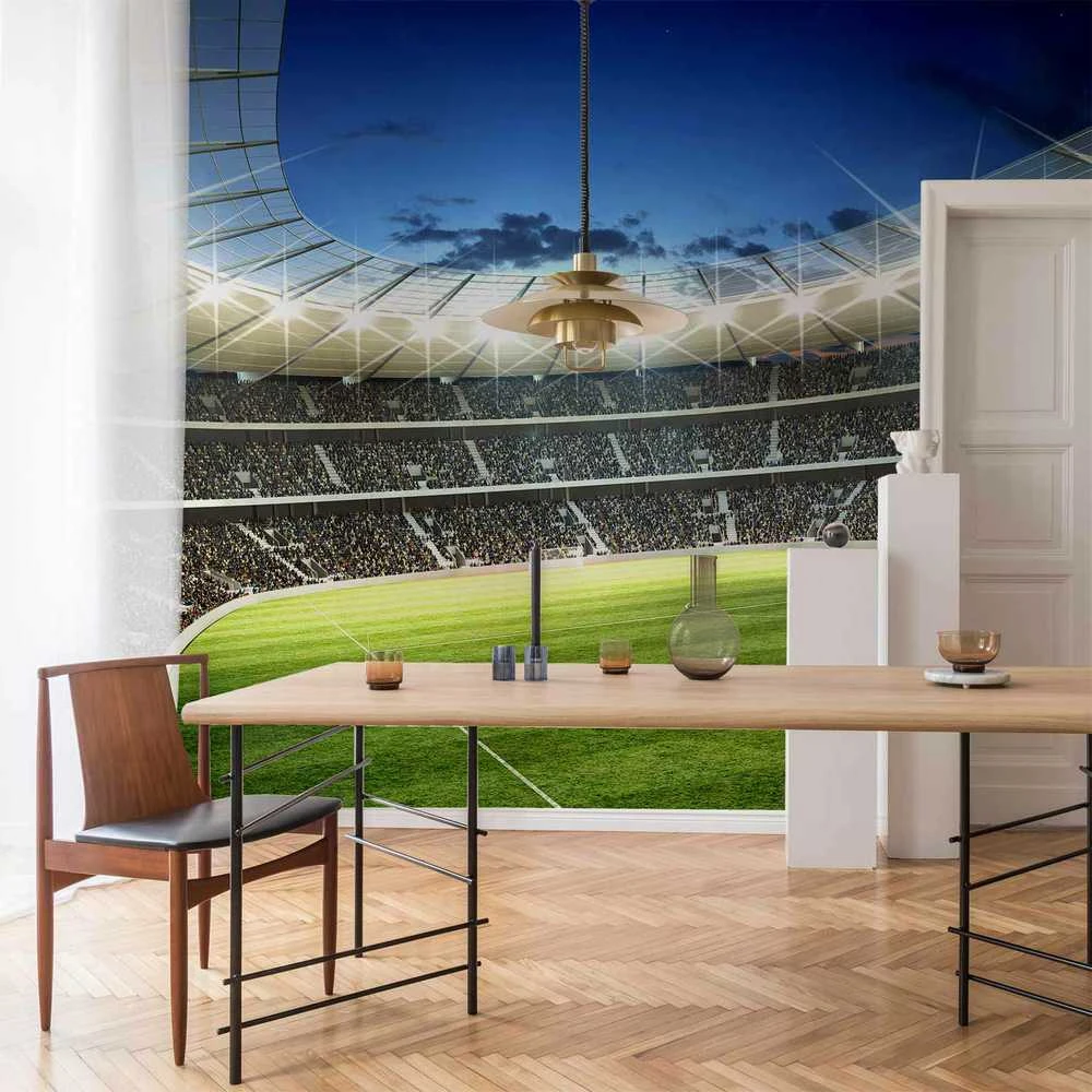 Artgeist Fototapetas - Football pitch - illuminated stadium with crowded stands