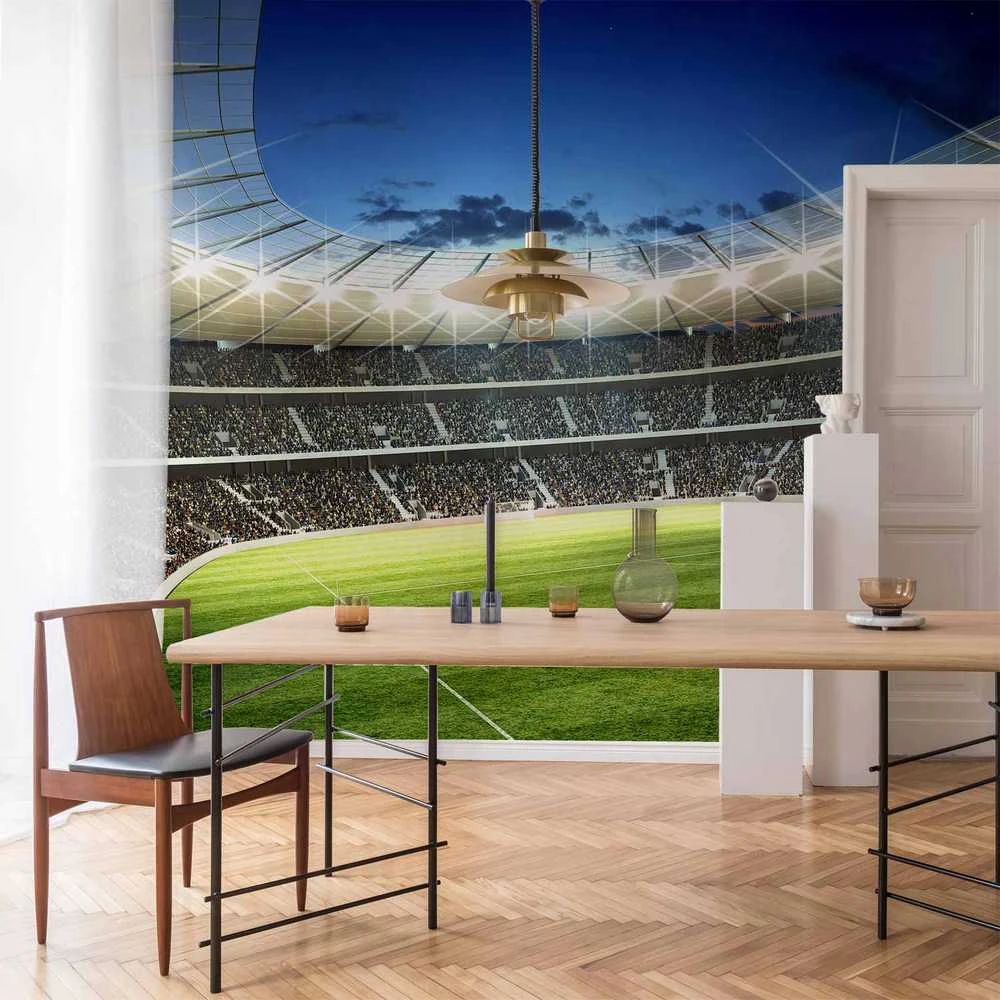 Artgeist Fototapetas - Football pitch - illuminated stadium with crowded stands