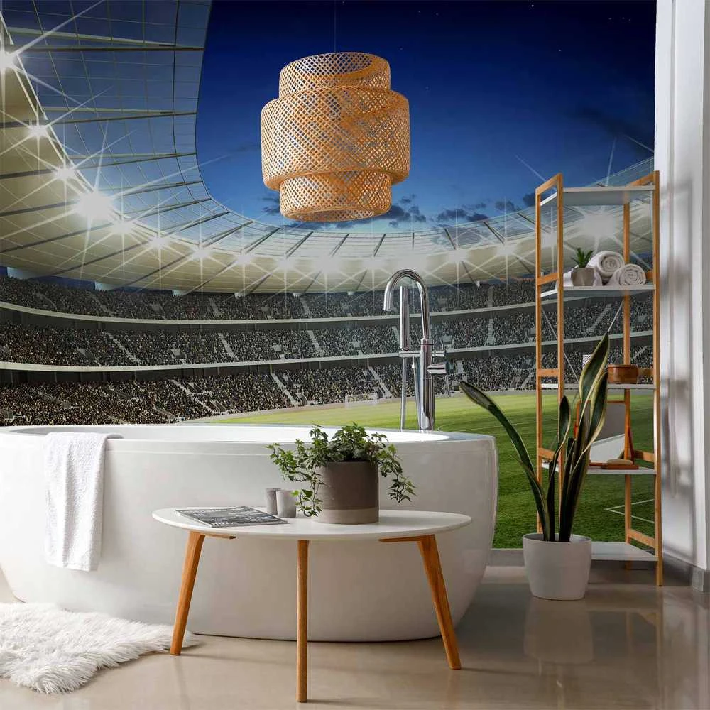 Artgeist Fototapetas - Football pitch - illuminated stadium with crowded stands