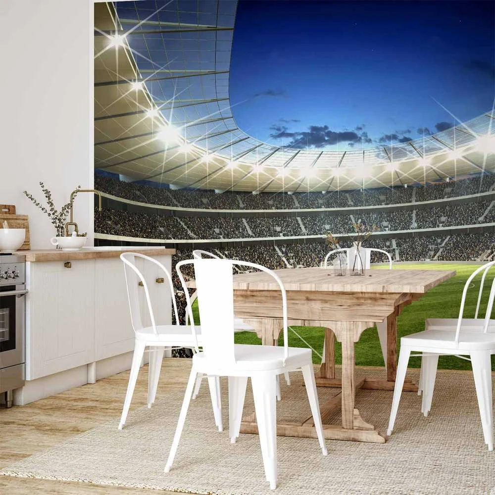 Artgeist Fototapetas - Football pitch - illuminated stadium with crowded stands