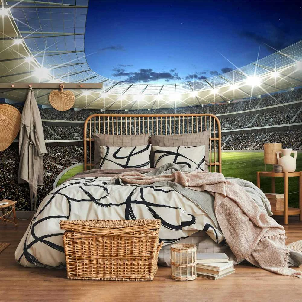 Artgeist Fototapetas - Football pitch - illuminated stadium with crowded stands