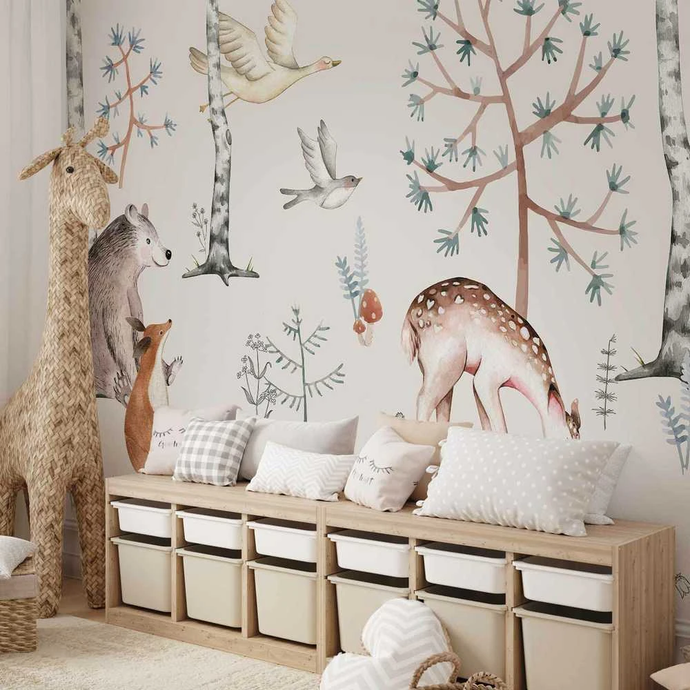 Artgeist Fototapetas - Forest Land With Animals Painted in Watercolours
