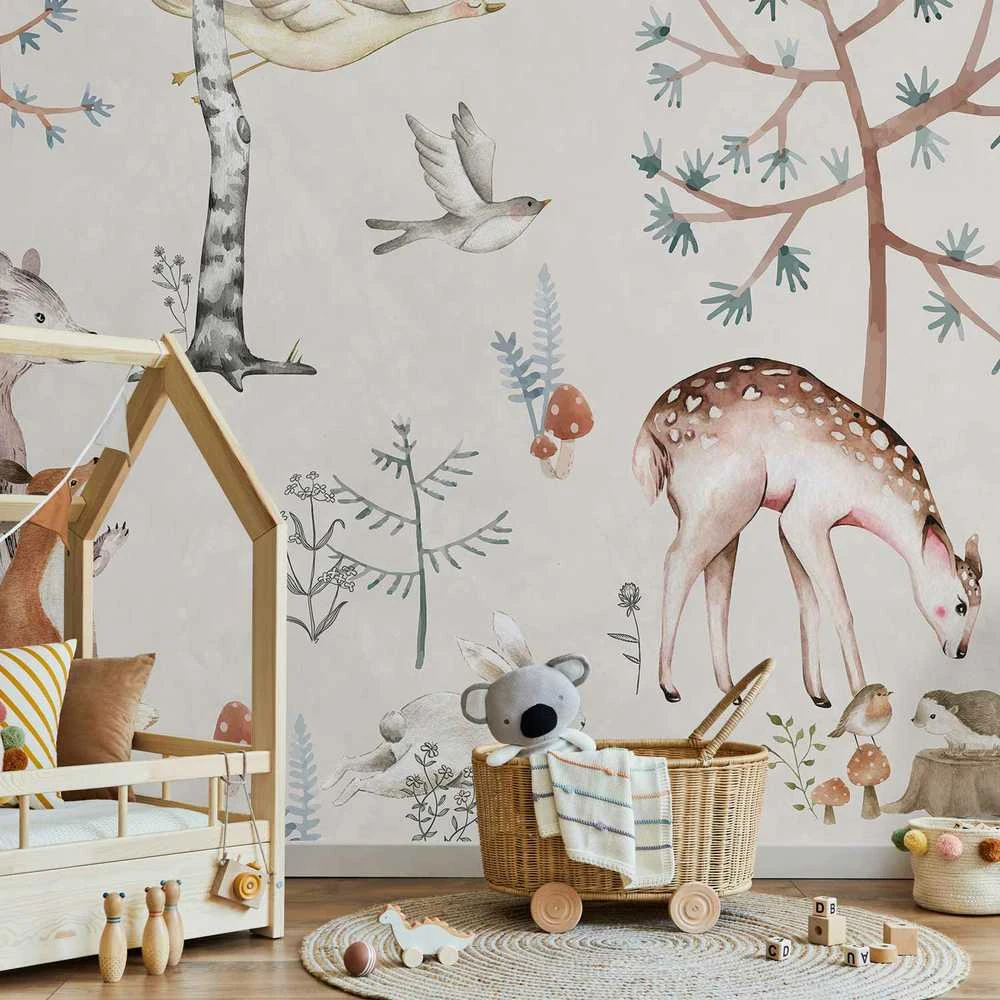 Artgeist Fototapetas - Forest Land With Animals Painted in Watercolours