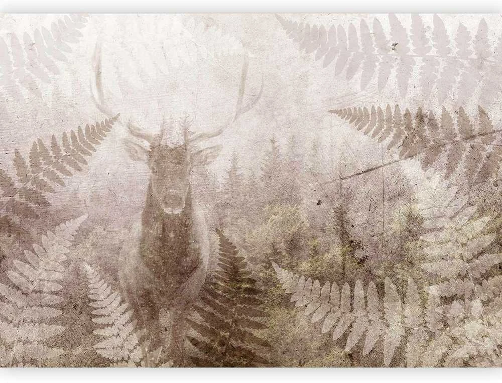 Artgeist Fototapetas - Forest motif - deer with antlers among fern leaves on concrete pattern