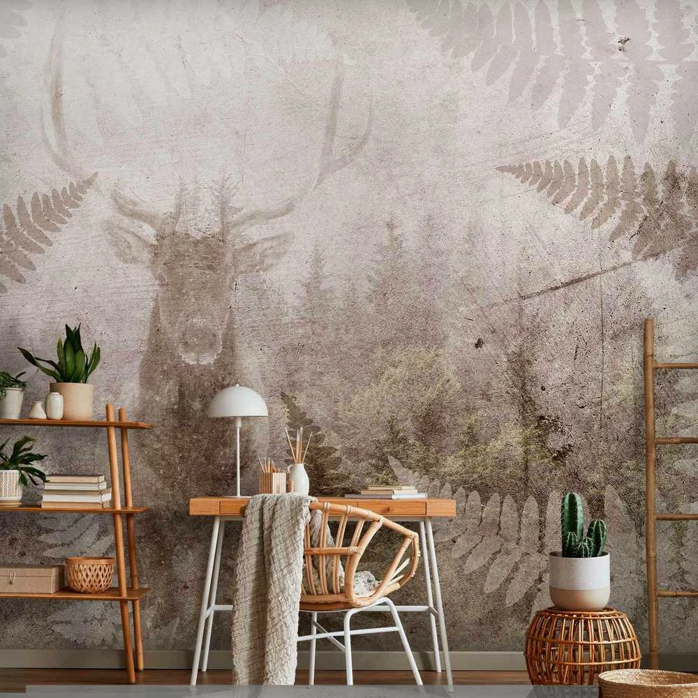 Artgeist Fototapetas - Forest motif - deer with antlers among fern leaves on concrete pattern