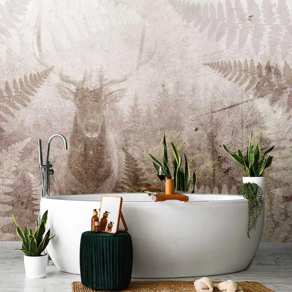 Artgeist Fototapetas - Forest motif - deer with antlers among fern leaves on concrete pattern