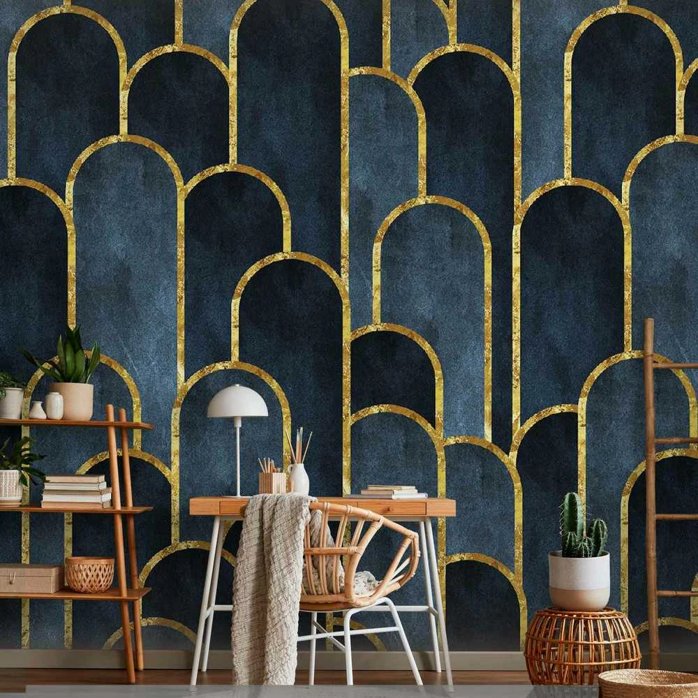 Artgeist Fototapetas - Gold and Navy Mėlyna Pattern
