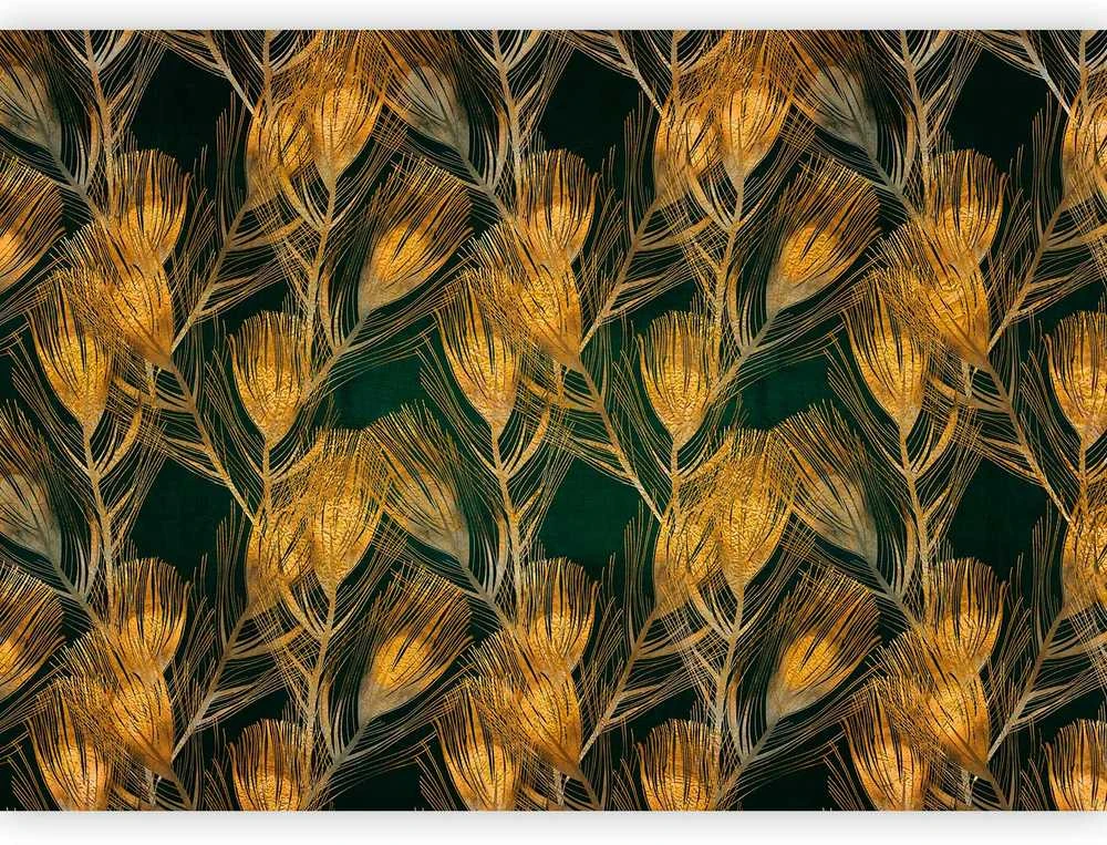 Artgeist Fototapetas - Golden peacock feathers - solid background with bird pattern on žalias background