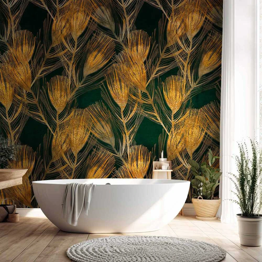 Artgeist Fototapetas - Golden peacock feathers - solid background with bird pattern on žalias background